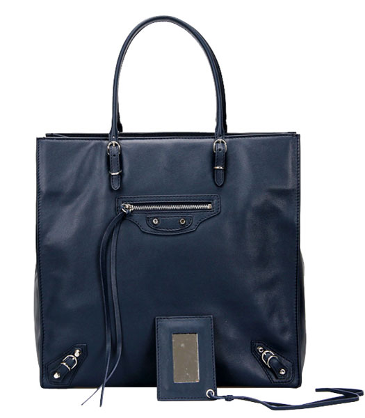 Balenciaga Media Papier A5 Blue Sapphire Leather Tote Anglaise